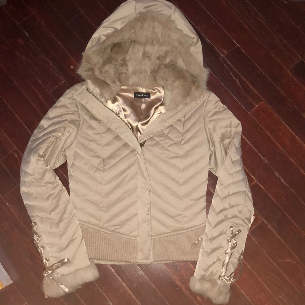 Tan BeBe short jacket with fur hood corset detail